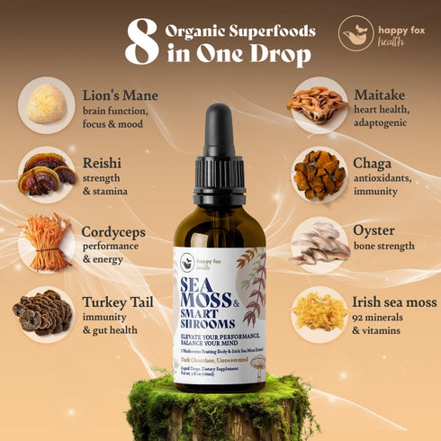Organic Irish Sea Moss Liquid Drops & Mushroom Tincture Seamoss & 7 Adaptogenic Mushroom Extract for Cognitive Support & Immunity Boost - Mushroom Coffee Elixir, Dark Chocolate
