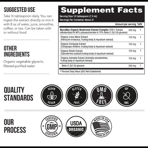 MycoMax Mushroom Complex - 70% Beta Glucans, Promotes Cognition, Immunity, Energy, 8 oz.