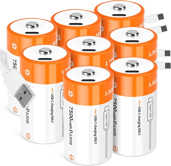 TEMIBATT Rechargeable D Batteries 8 Pack, 1.5V 7500mWh Lithium D Battery with USB-C