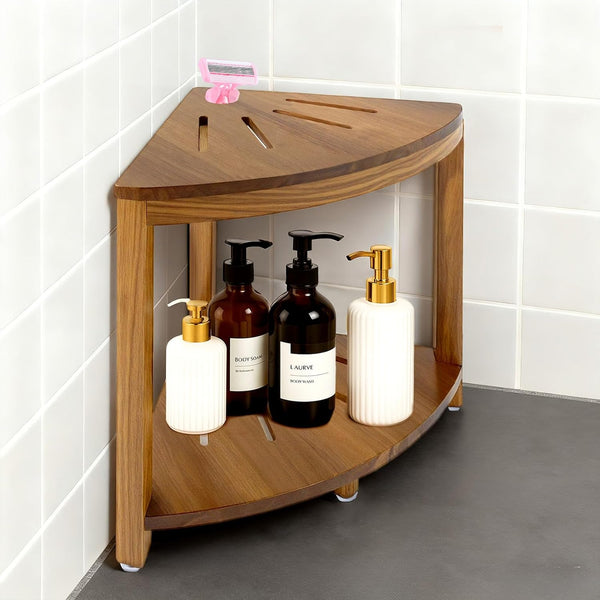 BHNJUTM Corner Shower Stool 14.5 in,Shower Foot Rest with Storage Shelf, Shower Shaving