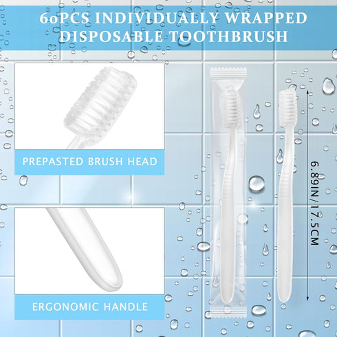 Tioncy 60 Pack Prepasted Disposable Toothbrushes, Soft Bristle Travel Tooth Brush Individually Wrapped for Camping &