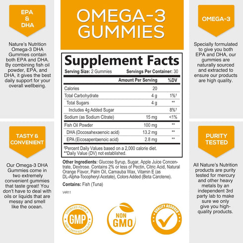 Omega 3 Fish Oil Gummies, Heart Healthy Omega 3 Gummy Supplement with High Absorption DHA & EPA, Extra Strength Joint & Brain Support, Omega 3 Fish Oil Nature's Vitamin, Orange Flavor - 60 Gummies