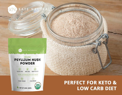 Kate Naturals Psyllium Husk Powder for Baking, Fiber & Digestion, 12oz, Organic, Gluten Free, Pet Safe