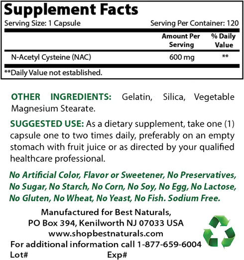 Best Naturals NAC - N Acetyl Cysteine 600 mg 120 Capsules - n Acetyl cysteine - Powerful antioxidant