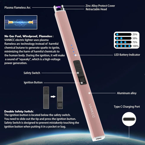 Electric Plasma Arc Candle Lighter USB Long Stick Windproof Flameless Rechargeable Battery Safety Lock for Camping BBQs