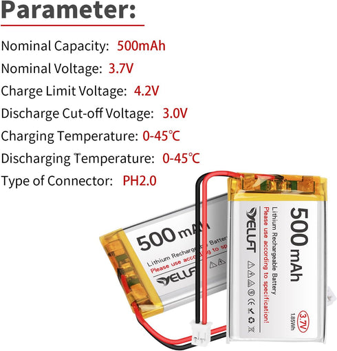 YELUFT 2pcs 3.7V 500mAh 1S 1C 403048 PH2.0 Lithium Polymer Battery Rechargeable Batteries with Protective Board