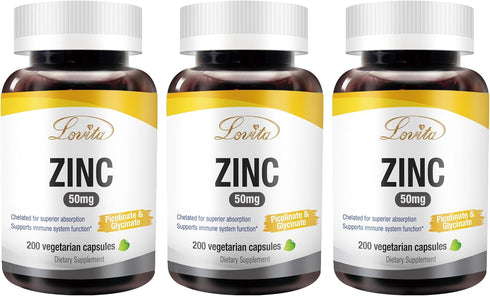 Lovita Zinc 50mg - Potent Highly-Absorbed Chelated Zinc Supplements, Picolinate & Bisglycinate - Vegan, Gluten Free,