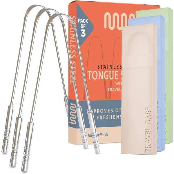 MasterMedi Tongue Scraper for Adults, 100% Stainless Steel, Set of 3 with Travel Case for Bad Breath & Oral Care