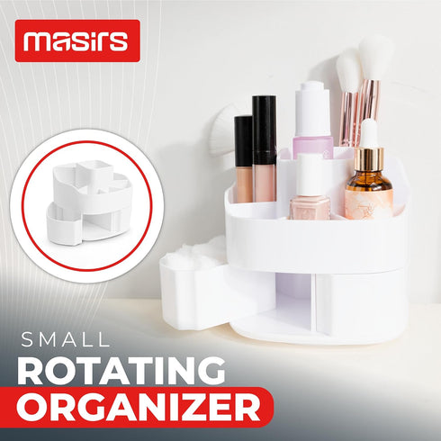 Masirs Small Rotating Makeup Organizer, Mini Cosmetic Storage Solution with Multiple Compartments (Square - White)