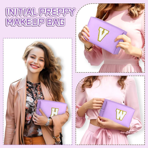 Personalized Birthday Gifts for Women, Preppy Patch Makeup Bag, Travel Organizer, Purple L