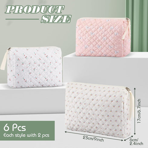 6 Pieces Coquette Makeup Bag Cotton Cosmetic Bag Cute Flower Makeup Bag Aesthetic Large Floral Makeup Pouch Quilted Travel Toiletry Bag Kawaii Stuff for Women Girls