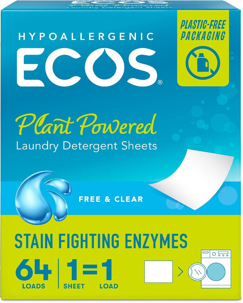 ECOS Laundry Detergent Sheets Vegan, Hypoallergenic, Plant Powered - 64 Sheets (Pack of 1)