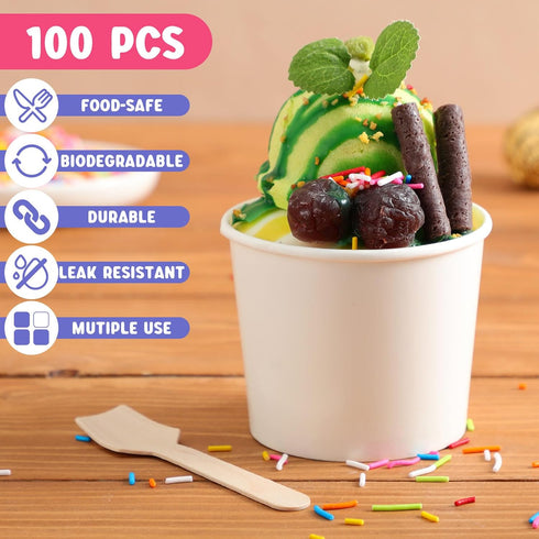 Ninehaoou 100 Pack Summer (6 oz) Ice Cream Cups with Dome Lids No Hole and Spoons Bulk Disposable Paper Dessert Bowls
