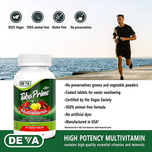 DEVA Tuba Prime Vegan Multivitamin, 90 Tabs, High-Potency Dietary Supplement with Antioxidants & Probiotics, 2-Pack