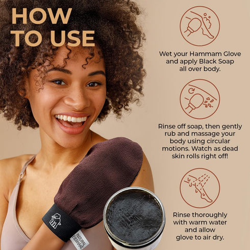 Natural Elephant Moroccan Black Soap 200g (7oz) with 2 Pack Exfoliating Hammam Glove Combo (Pure Black)
