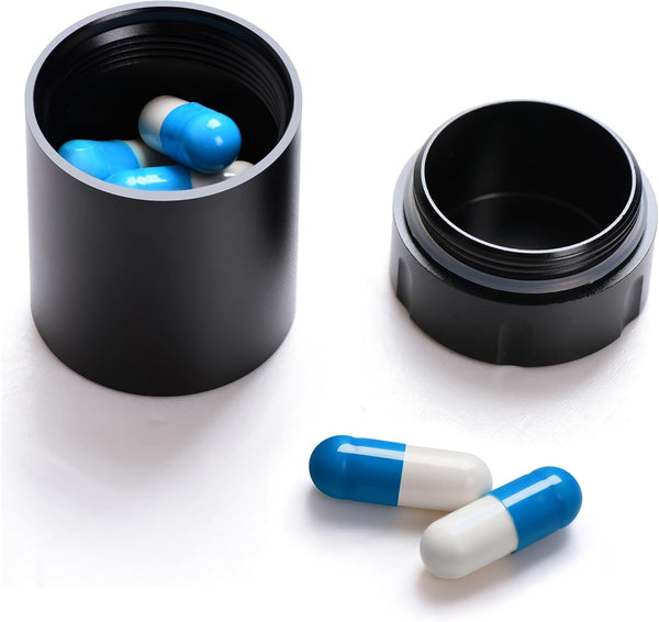 Portable Waterproof Metal Pill Case, Aluminium Alloy Round Organizer for Travel, Pocket Daily Pill Holder (Black)