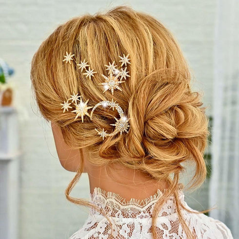 Unicra Crystal Bridal Hair Pins Pack of 5, Gold Star Moon Goddess Hair Accessories for Women and Girls