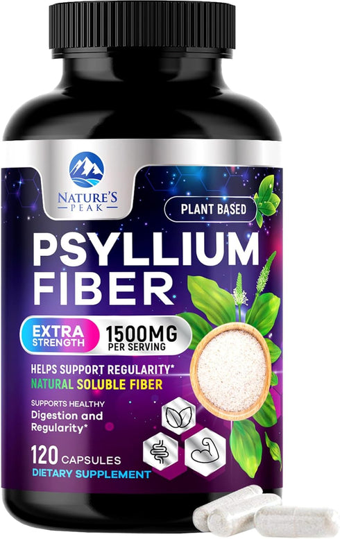 Psyllium Husk Powder Caps 1500mg | 120 Capsules | Non-GMO, Vegan Fiber Supplement for Digestive Health