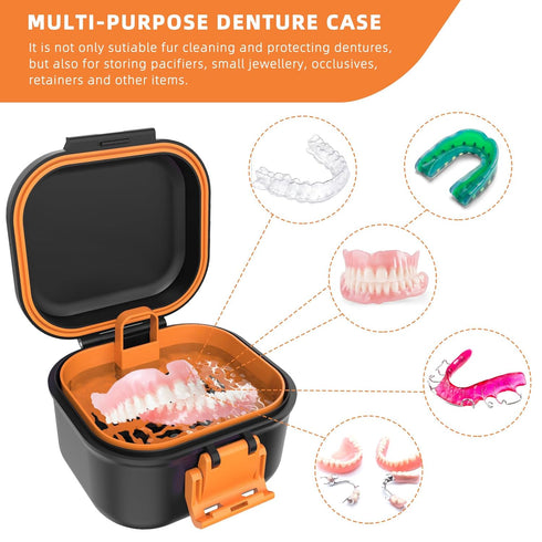 ARGOMAX Leak Proof Denture Bath Cup, Portable Soaking Box with Strainer for Dentures and Braces (Black + Orange)