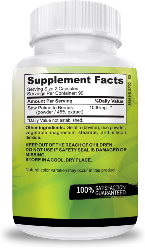 USA Grown Saw Palmetto, 180 Capsules Prostate Health Supplement, Hair Growth Support for Men & Women