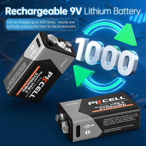PKCELL 9V 4-Pack, 3700mWh 9 9V 1.5 Rechargeable Batteries Volt Lithium Battery USB-C Recharge, Battery for Smoke