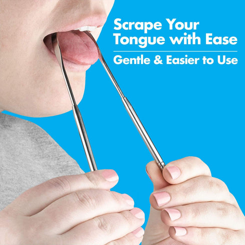 Pack of 2 Stainless Steel Tongue Scrapers, Essential Dental Hygiene Kit for Bad Breath & Bacteria Removal