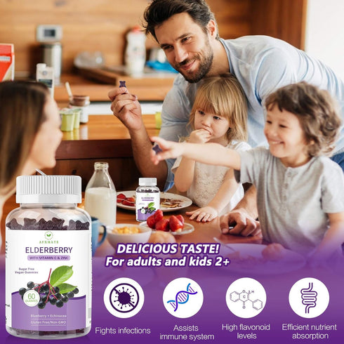 AFXMATE (2-Pack) Elderberry Gummies - Sambucus Black Elderberry with Zinc and Vitamin C, 120 Gummies
