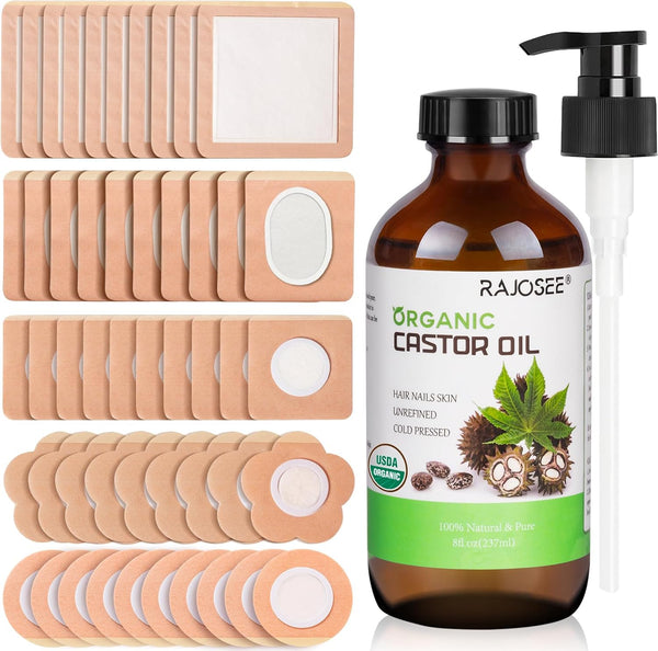 RAJOSEE Castor Oil Pack with 8oz Castor Oil Organic Cold Pressed, Cotton Castor