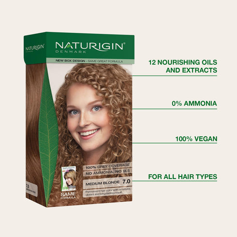 Naturigin Permanent Hair Color, 7.0 Medium Blonde, Ammonia Free, 100% Gray Coverage, Vegan, 1 Pack
