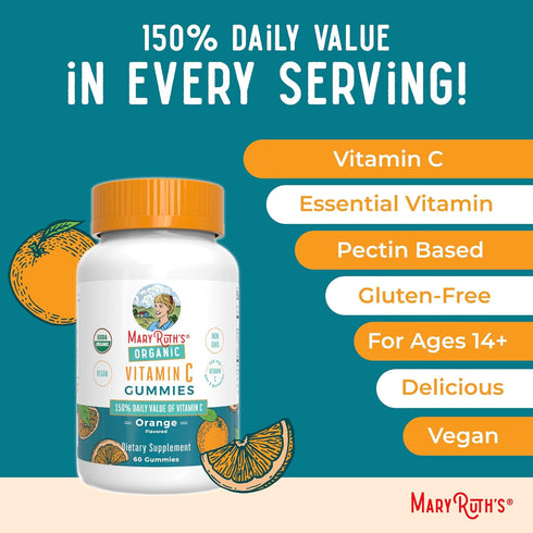 Gummies Gummies 14+ Immune 60 Count MARYRUTH'S Adult Vitamin C | USDA Organic | Vegan Chewable Vitamin C for Ages |