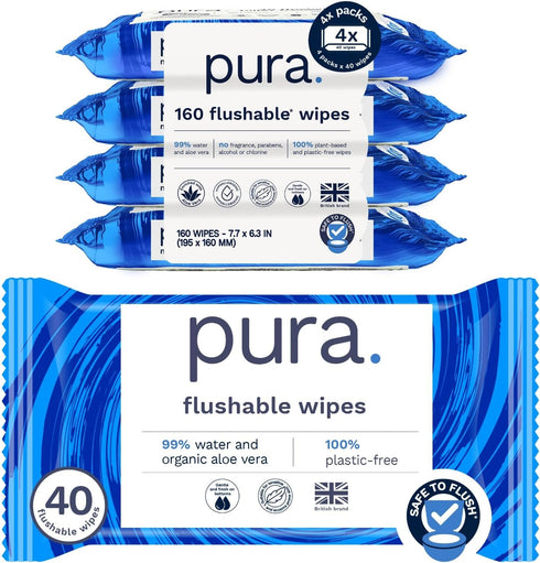 Pura Flushable Wipes 4 x 40 Toilet Wipes (160 Wipes), 100% Plastic Free Moist Toilet Tissue, Sensitive Skin