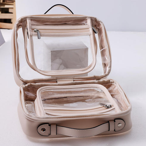Traveling Toiletry Case, Large Clear Cosmetics Makeup Bag Dimensions | LxWxH:10” x 4.5” x 8” (Beige, Medium)