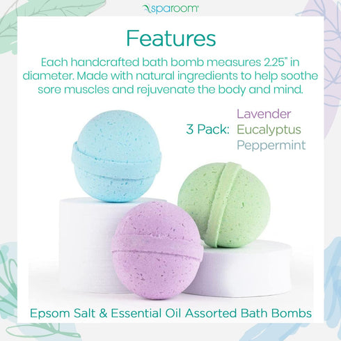 SpaRoom Soothe and Relax Handmade Natural Essential Oil Aromatherapy Bath Bombs, Set of 3, Lavender, Eucalyptus and Peppermint