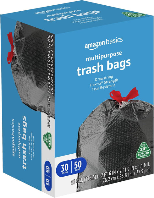 Amazon Basics Flextra Multipurpose Drawstring Trash Bags, 30 Gallon, 50 Count, 20% Post Consumer Recycled