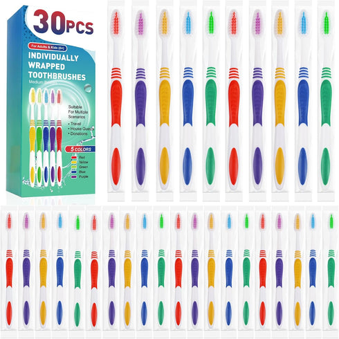 Navona 30 PCS Individually Wrapped Toothbrush Pack, Colorful Manual Set for Travel, Hotels, Donations