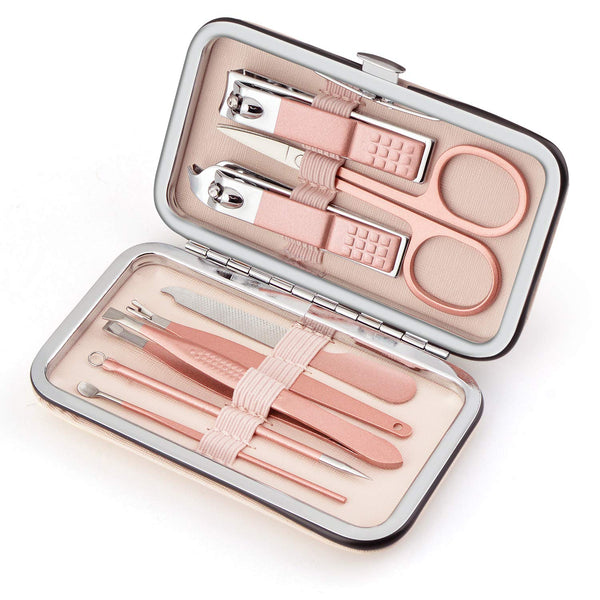 Manicure Set, 8 In 1 Stainless Steel Professional Pedicure Kit, Nail Scissors Grooming Kit with Pink Leather Case