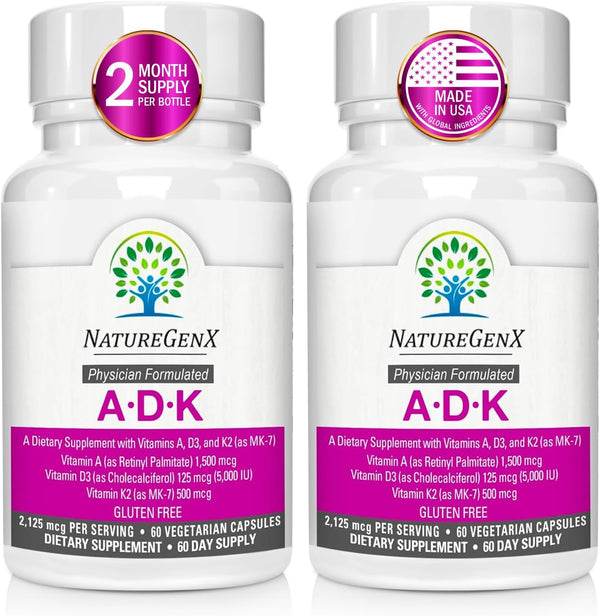 ADK Vitamin Supplement - Enhanced Bone Health with High Potency Vitamins A, D3, K2, 60 Capsules (Pack of 2)