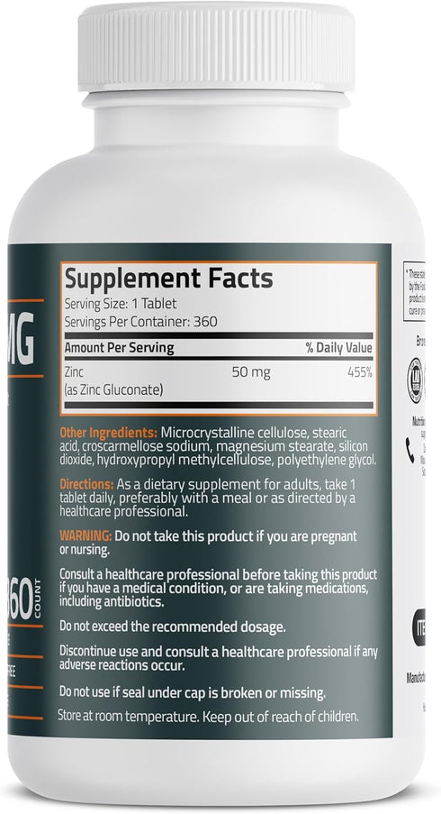 Bronson Zinc 50 MG High Potency One Year Supply Supports Immune, Antioxidant & Skin Health - Non-GMO, 360 Vegetarian Tablets