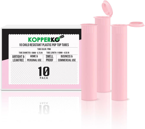 10 Pack 116mm Plastic Pop Top Tube, Child Resistant Smell Proof Containers for Herbs, UV and Moisture Resistant - Pink