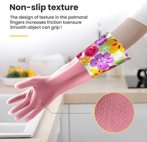 3 Pairs Rubber Cleaning Gloves, Reusable Dishwashing Gloves with Cotton Liner, Long Cuff 16" for Household Use