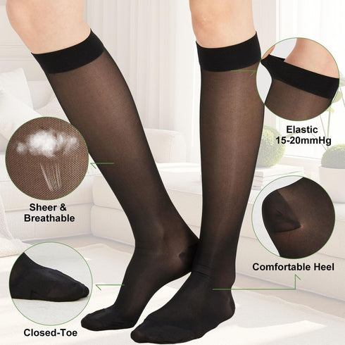 LIKAWEN 15-20 mmHg Sheer Compression Stockings for Women - Knee High Support Hose Compression Socks for Improving
