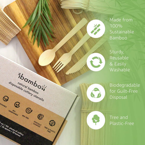 Bamboo Cutlery Set - 100 Biodegradable Utensils (50 Forks, 25 Spoons, 25 Knives) | Reusable or Disposable Bamboo Flatware | Compostable Eco-Friendly Utensils for Weddings, Camping, Parties by ibambo