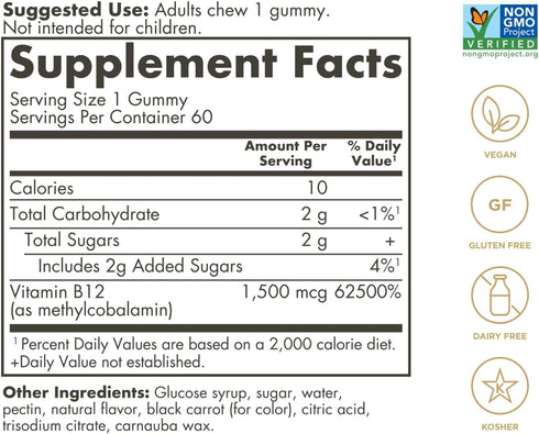 Solgar Methyl B12 Gummies for Adults 1,500mcg Ultra Potency Vitamin for Energy & Metabolism Support, Raspberry Flavor, Vegan & Gluten Free Gummy for Women & Men, 2 Month Supply, 60 Servings, 2g Sugar