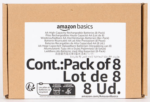 Amazon Basics 8-Pack Rechargeable AA NiMH Batteries, 2400 mAh, Pre-Charged, Recharge up to 400x
