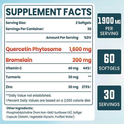 1600 MG Liposomal Quercetin Phytosome, 20X Higher Absorption, Quercetin with Bromelain, Zinc & Vitamin C, Quercetin Supplement for Immunity, Normal Respiratory Function - 60 Softgels
