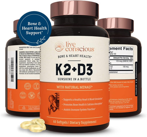 Live Conscious Vitamin K2 MK7 with D3 Supplement - 5000 IU Vitamin D3 & Patented Vitamin K - 60 Softgels for Bone &