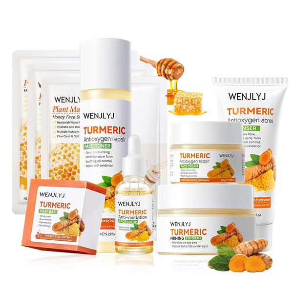 Turmeric Soap Skincare Set with Honey Face Sheets Mask, Travel Size Turmeric Face Wash, Moisturizing Gift Set for Women