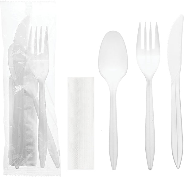Party Essentials Individually Wrapped Plastic Cutlery Packets, 100 Sets, Includes White Fork, Spoon, Knife, Napkin
