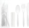 Party Essentials Individually Wrapped Plastic Cutlery Packets, 100 Sets, Includes White Fork, Spoon, Knife, Napkin