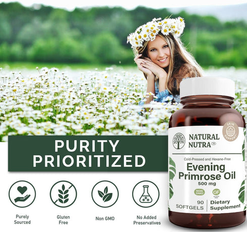 Natural Nutra Evening Primrose Oil Supplement, 500 mg, 90 Softgels, Supports Skin Clarity